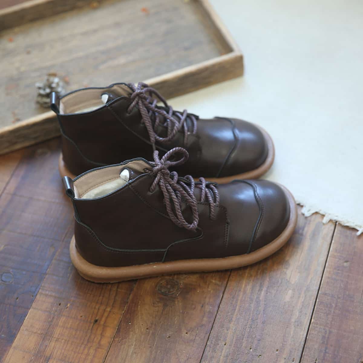 Round head lace-up flat-soled short boots autumn and winter velvet British soft-soled boots