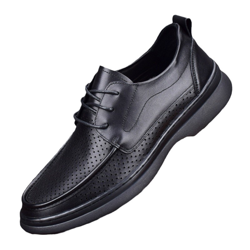 Summer men's shoes genuine leather first layer cowhide hollow punched breathable thick sole large size lace-up shock-absorbing leather shoes