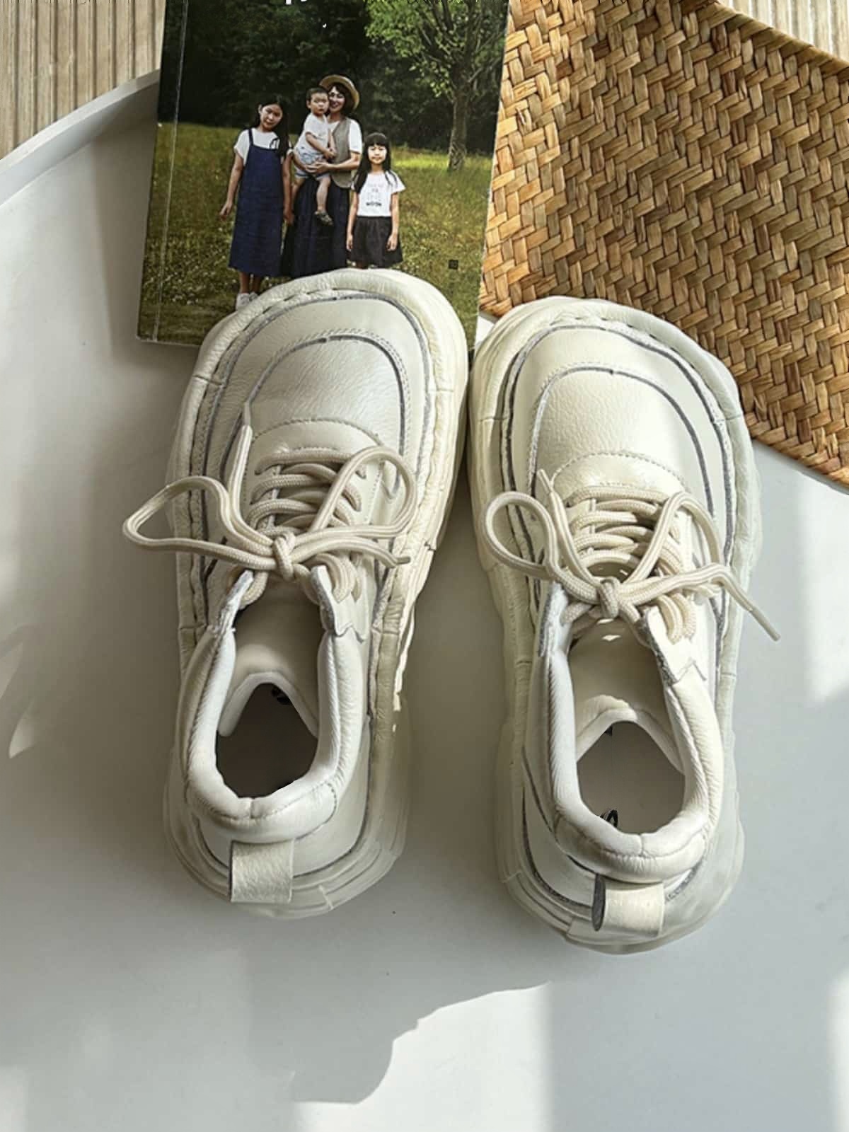 Leather round head lace-up thick-soled big-head shoes autumn heightening short boots