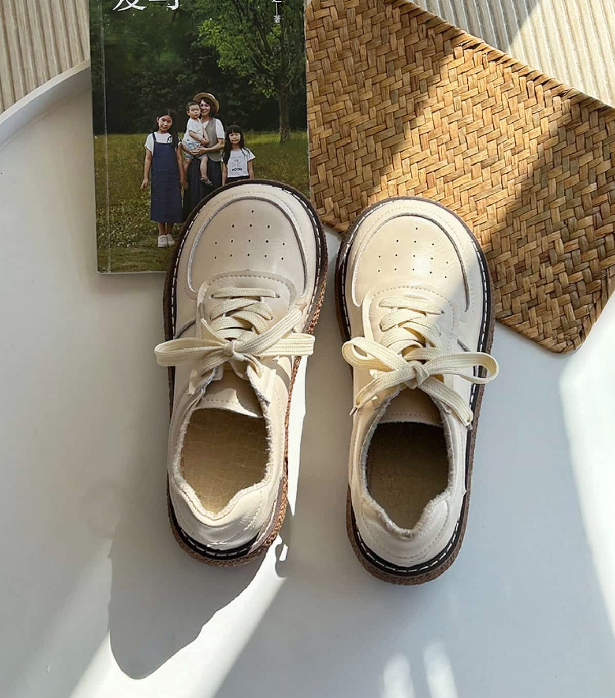 Round head lace-up thick-soled big head shoes autumn new black versatile small leather shoes single shoes