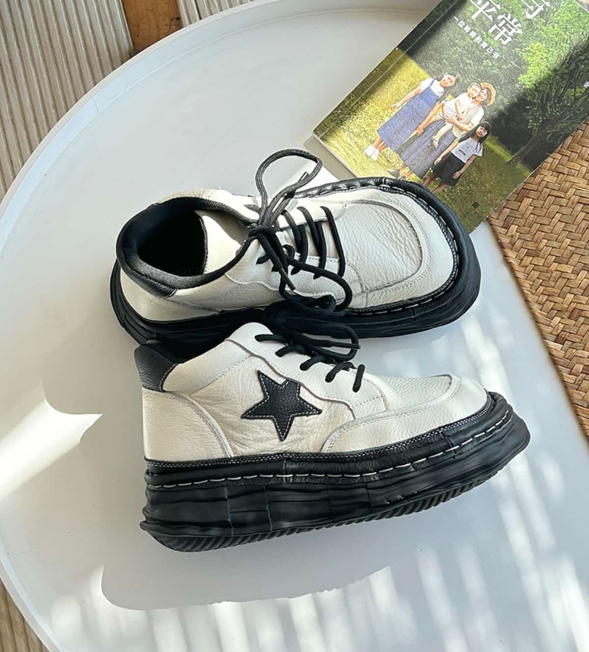 Leather round head lace-up platform big head shoes and short boots