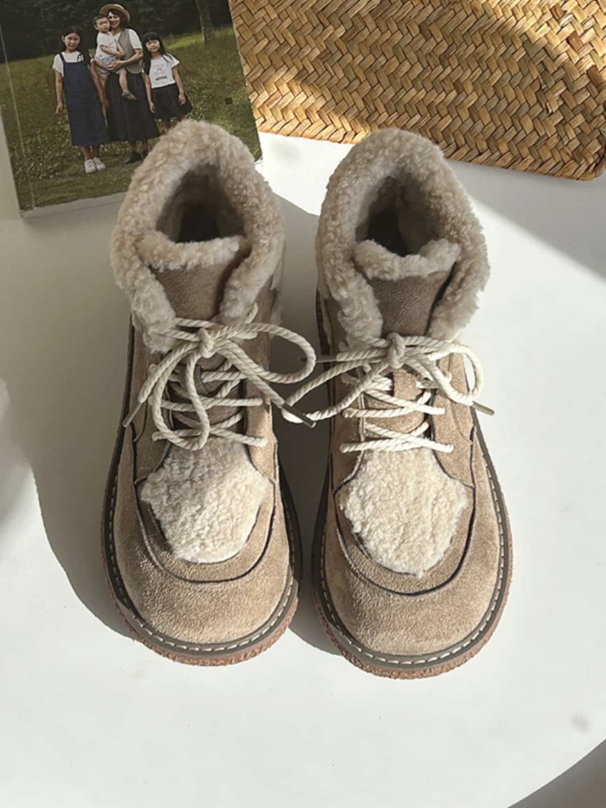 Imitation lamb wool round head strap-up thick-soled short boots winter warm and heightening snow boots