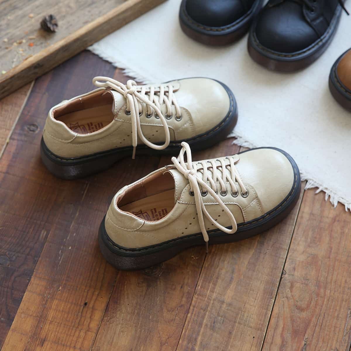 Round head lace-up platform single shoes spring new college style versatile black height-increasing small leather shoes women