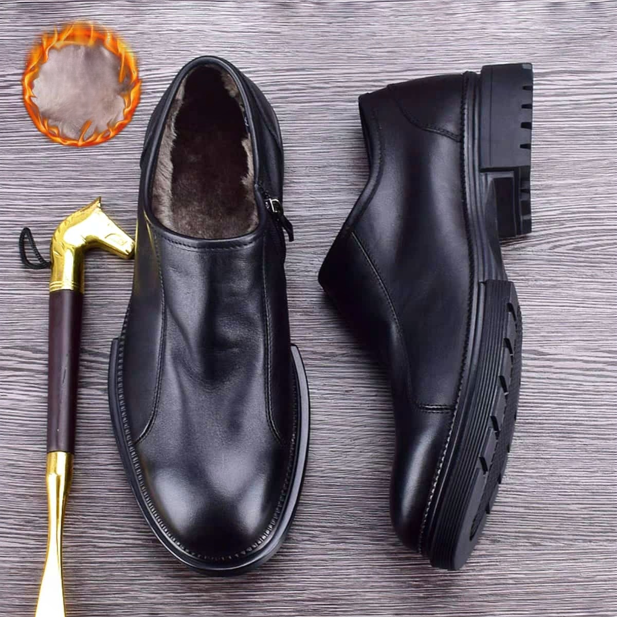 Winter men's leather shoes velvet warm cotton shoes genuine leather first layer cowhide non-slip wear-resistant business dress men's shoes