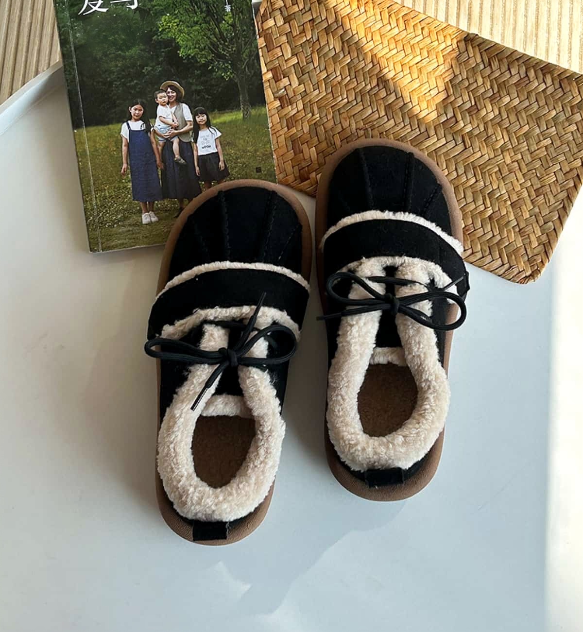 Suede round head lace-up flats Winter imitation lamb wool warm-soled cotton shoes