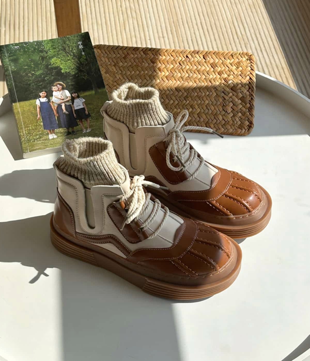 Wool mouth round head lace-up platform short boots winter velvet medium heel Martin boots