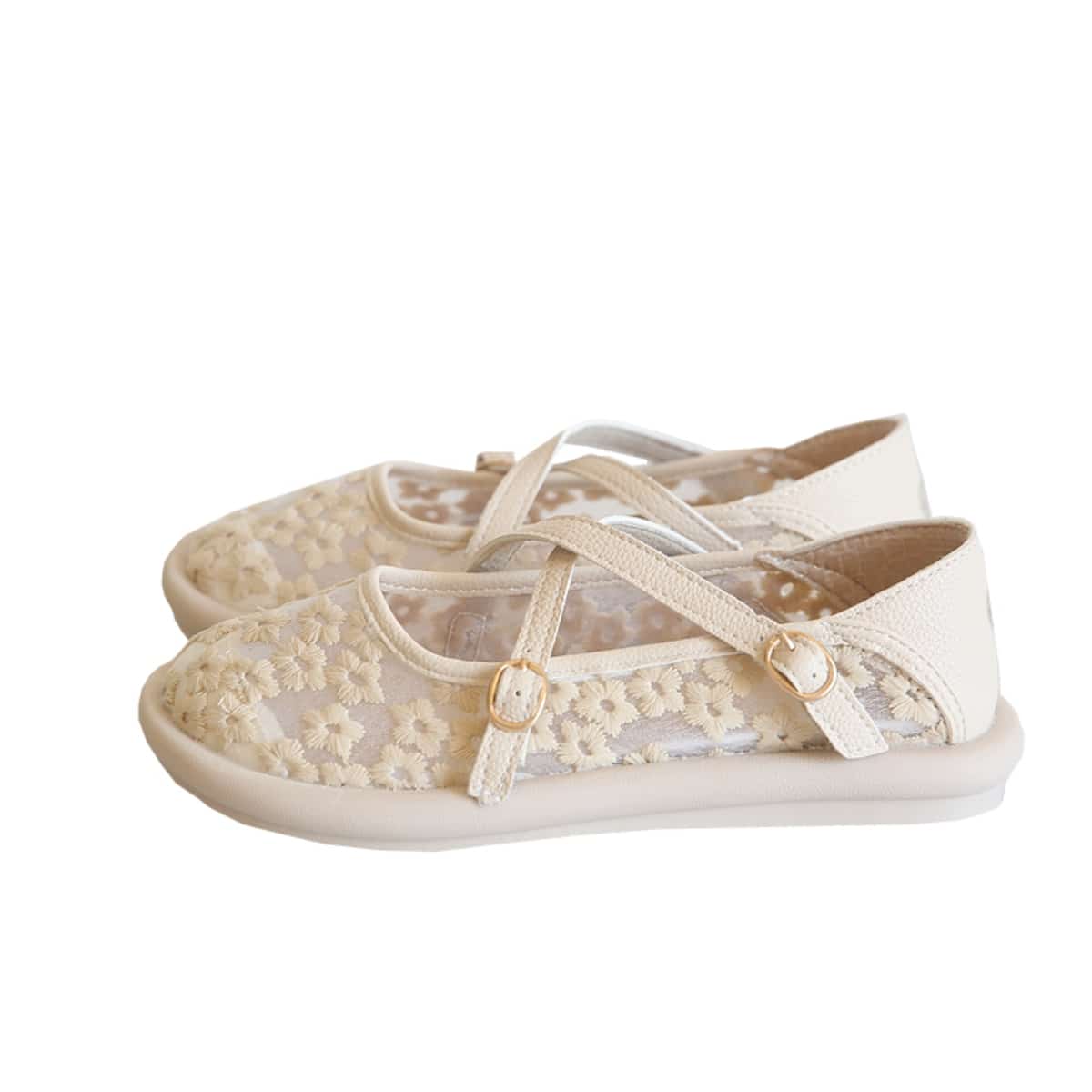 Daisy mesh round head shallow mouth flats summer cross buckle Roman sandals