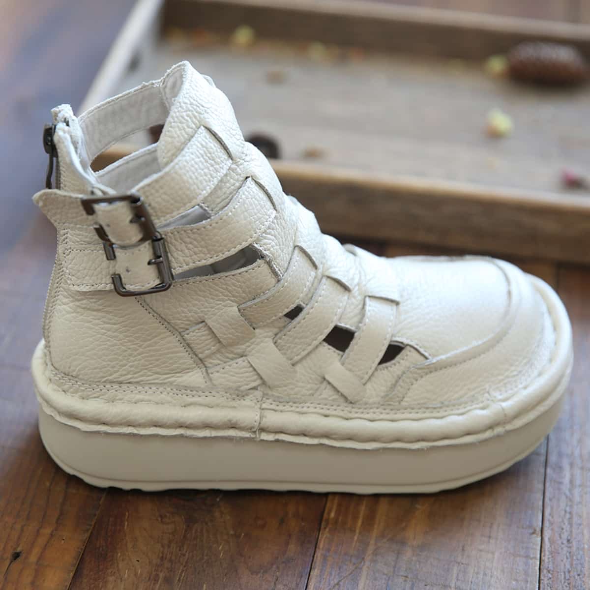 Leather Hollow Round Head Platform Big Head Shoes Fashion High Top Roman Sandals Women