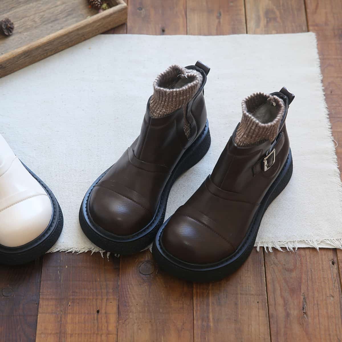 Glossy wool mouth thick sole big head shoes with cotton black sleeve Martin boots women