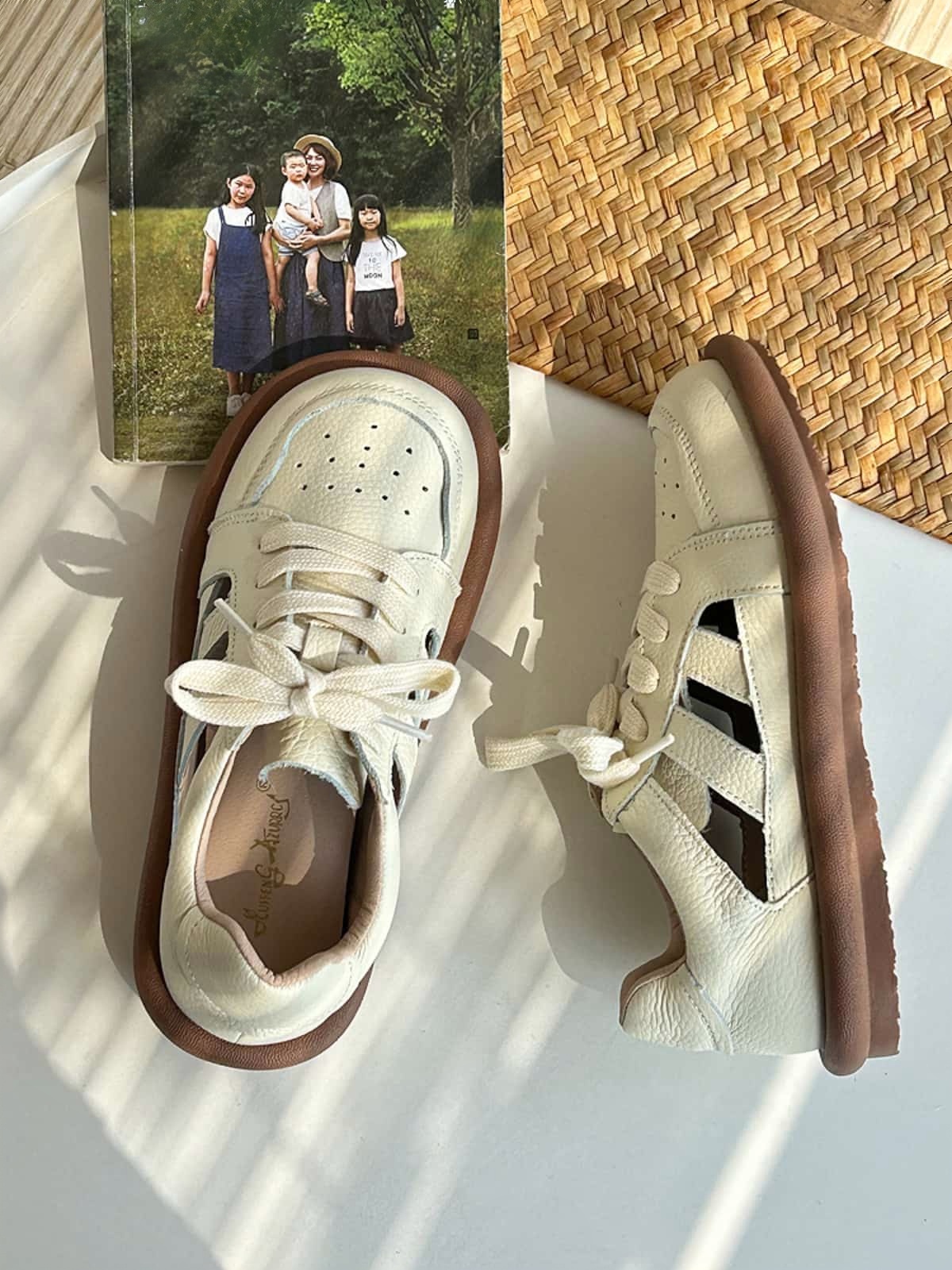 Leather handmade women's shoes summer breathable hollow hole white shoes soft sole cowhide sandals student shoes