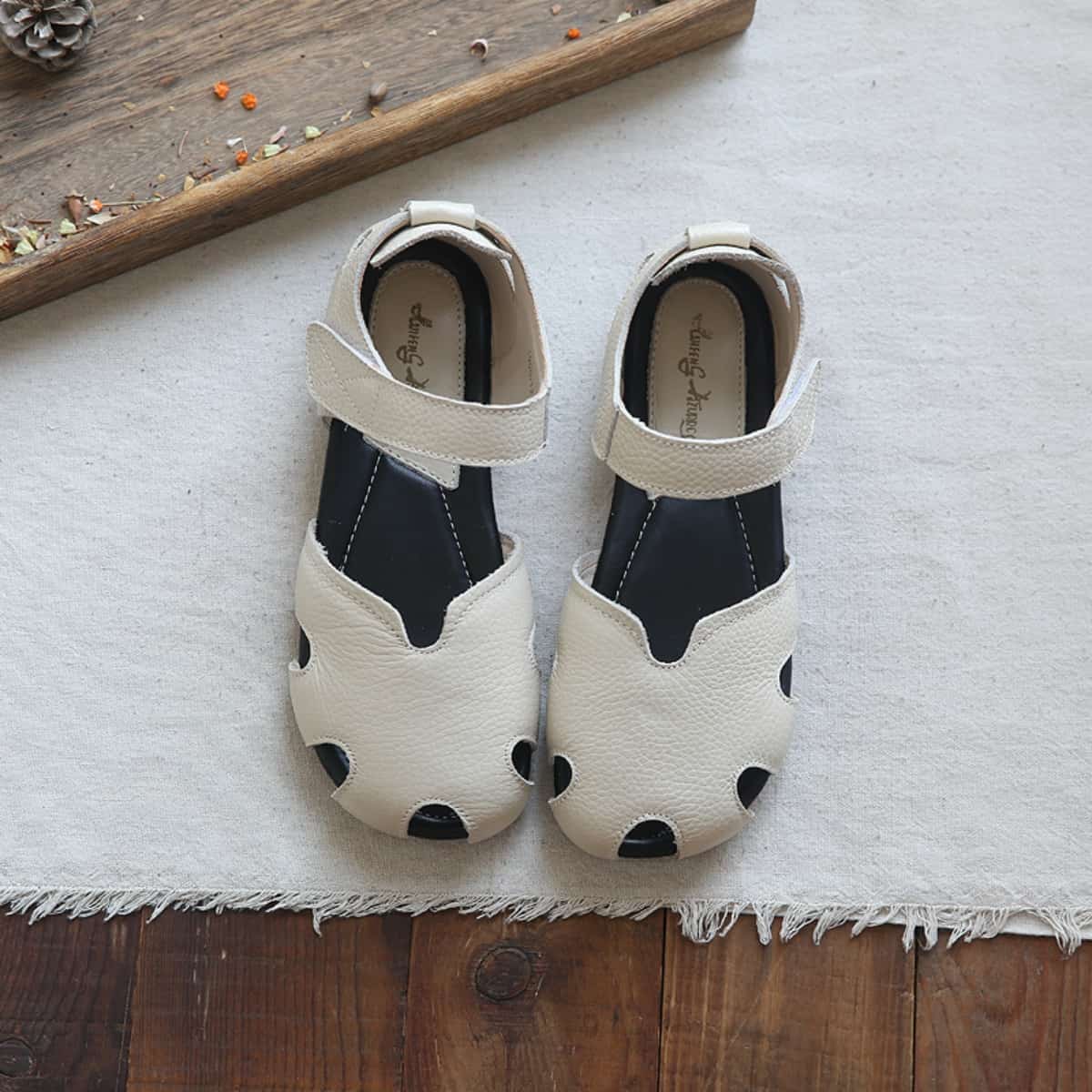 Leather hollow bag head flats summer comfortable word with low heel sandals women