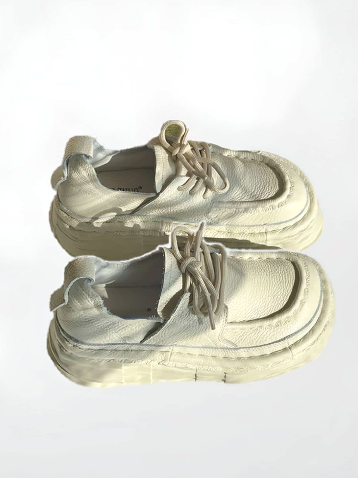 Leather round head lace-up thick-soled big head shoes spring height-increasing white shoes