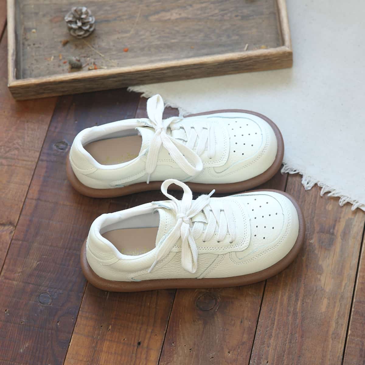Leather round head lace-up small leather shoes summer soft-soled breathable shoes single shoes little white shoes