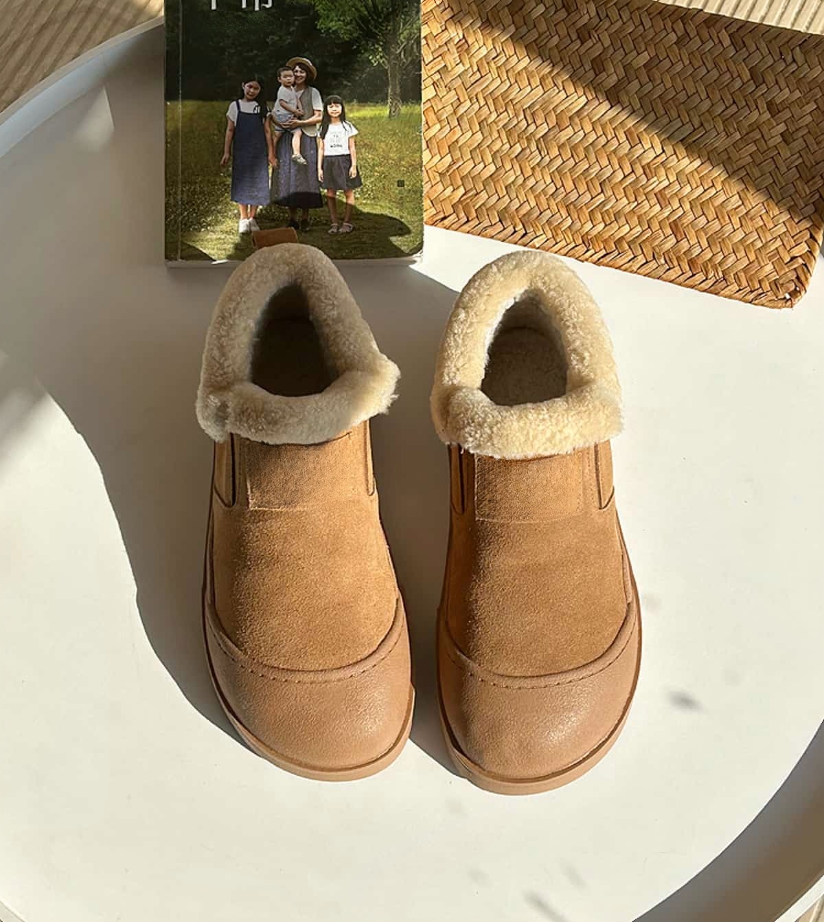 Imitation lamb wool round head thick-soled short boots winter leather warm snow boots