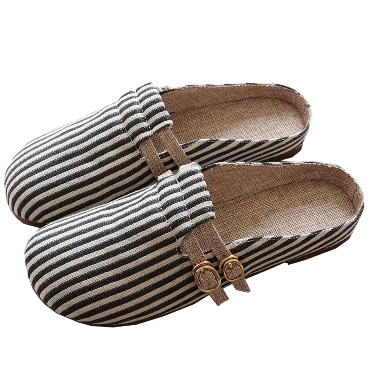 Striped bag head flat bottom half slippers handmade comfortable breathable soft bottom cotton and linen women's sandals