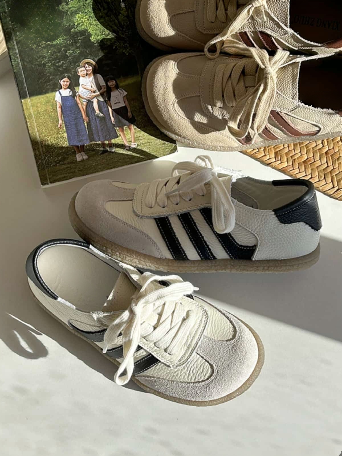 Leather round head lace-up shoes soft sole versatile German training shoes little white shoes