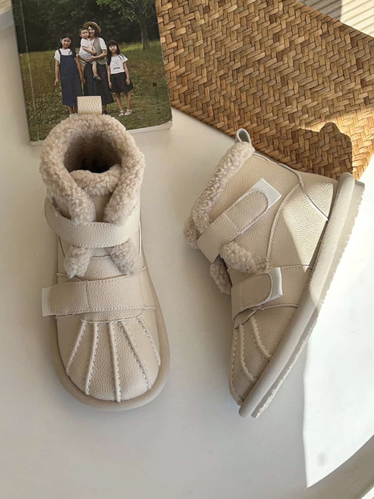 Imitation lamb wool round head flat-bottomed short boots winter beige cute soft-soled snow boots