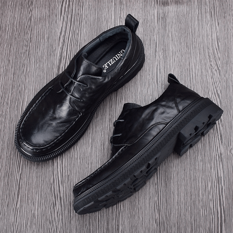 Casual leather shoes men's lace-up round head business first layer cowhide breathable thick sole men's shoes leather soft sole