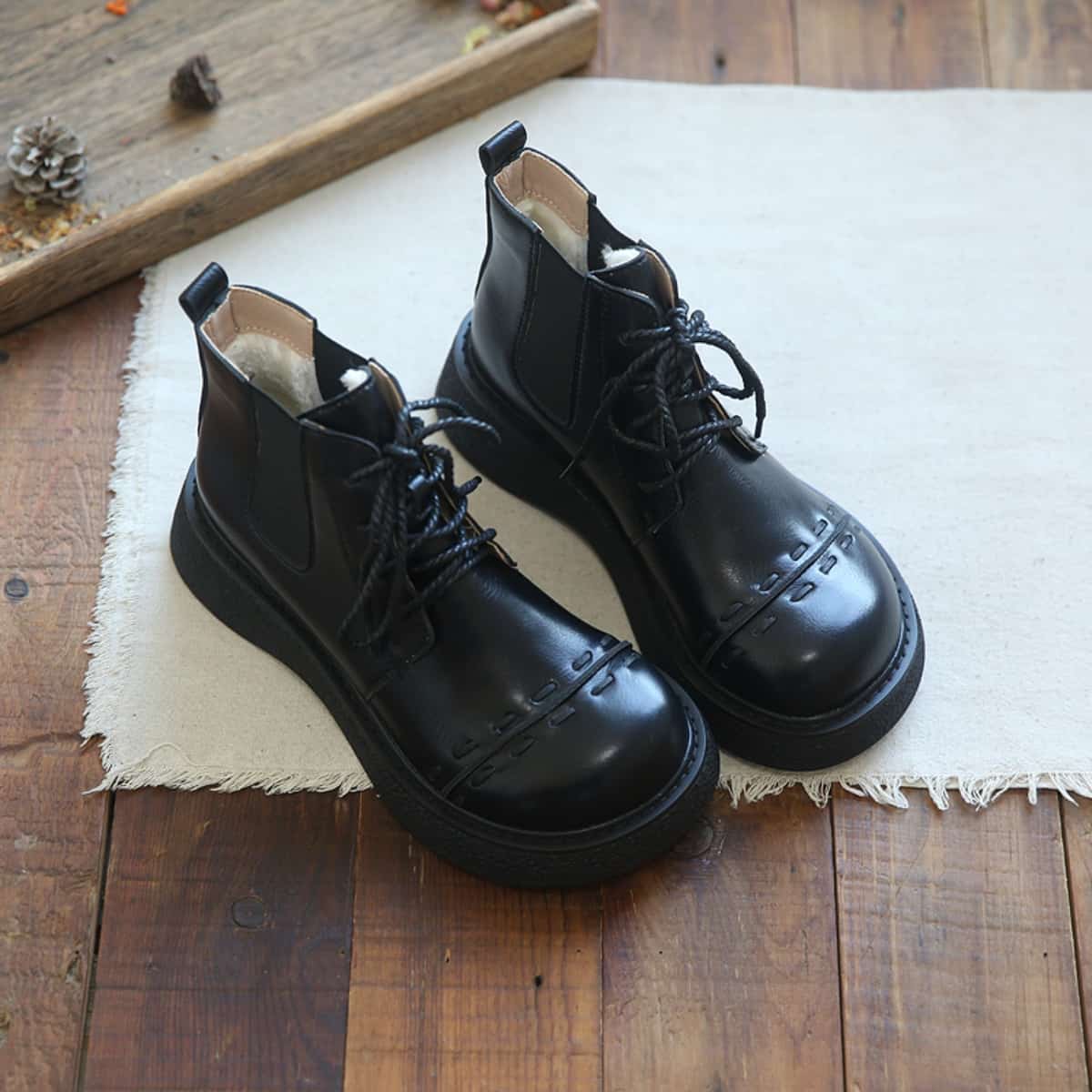 Glossy round head lace-up platform big head shoes black heightening locomotive boots Martin boots women's autumn