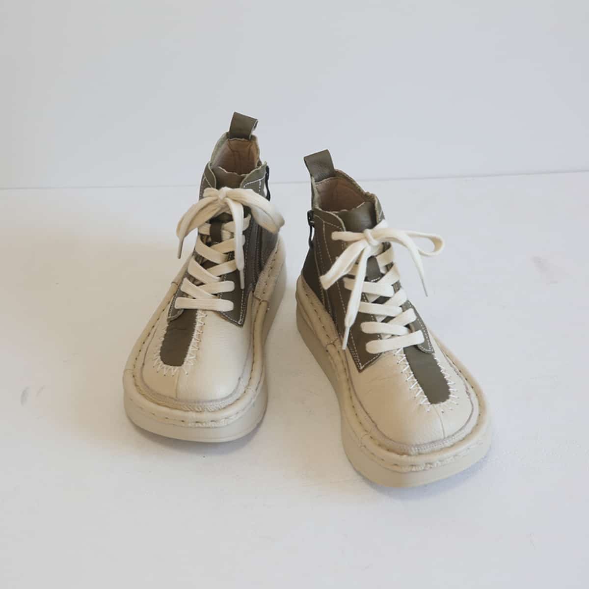 Leather color matching round head lace-up platform big head shoes personalized short boots women