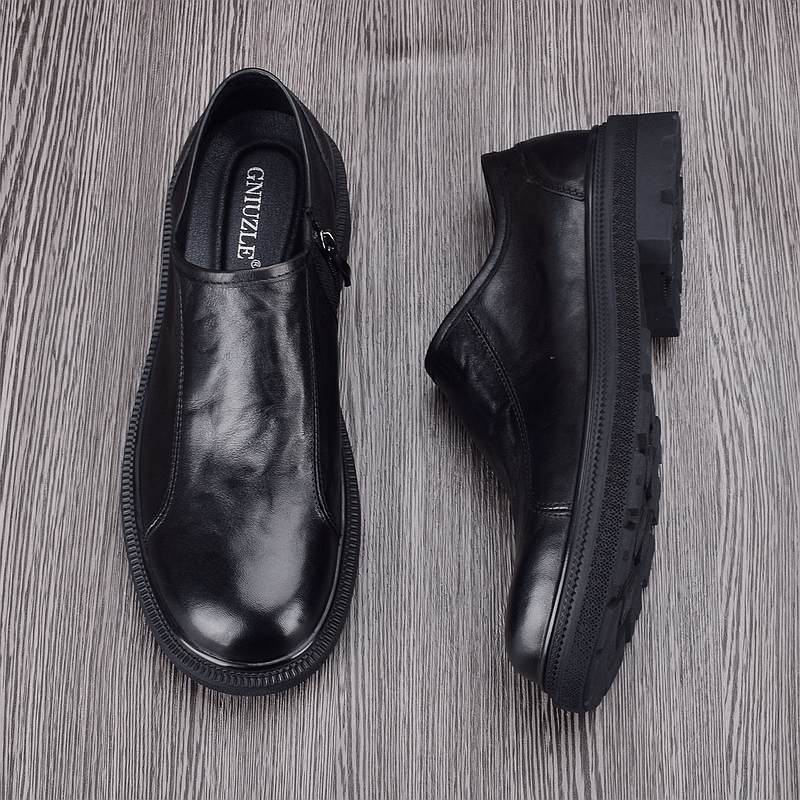 Casual single-layer leather shoes men's leather trend versatile round head platform zipper soft leather business youth single shoes men