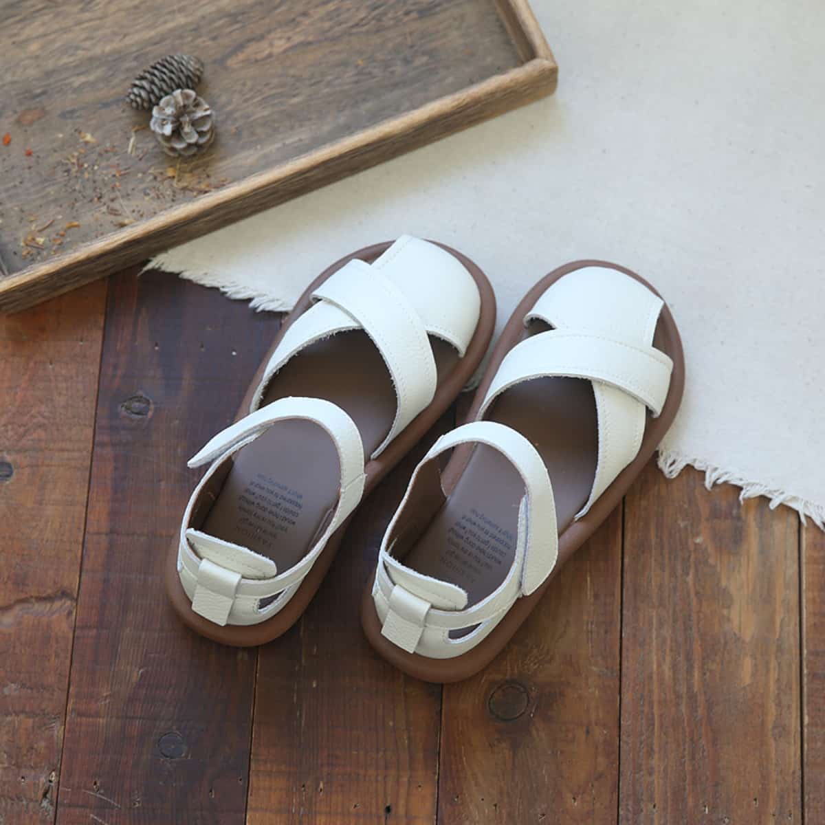 Leather hollow round head flats summer Velcro breathable soft-soled sandals