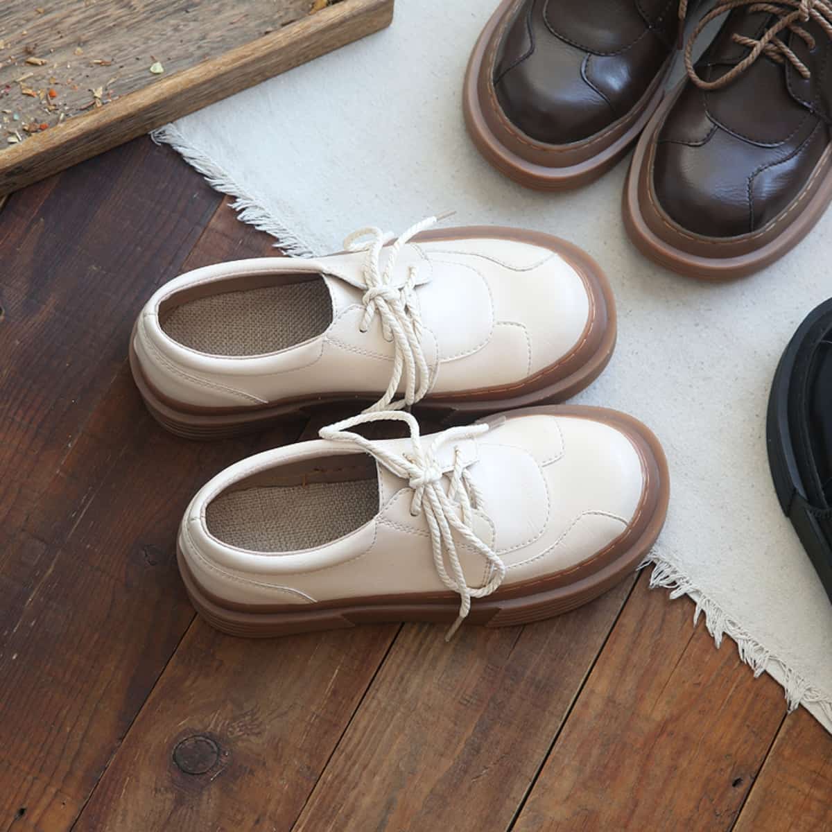 Round head lace-up platform big head shoes college comfortable black small leather shoes single shoes women