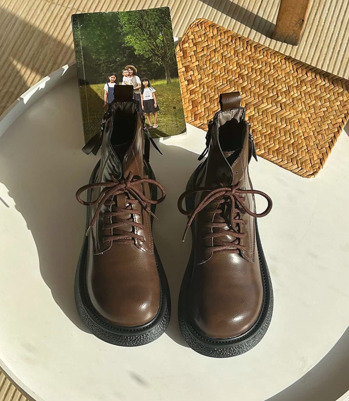 Round head lace-up thick-soled Martin boots winter velvet handsome black medium heel short boots