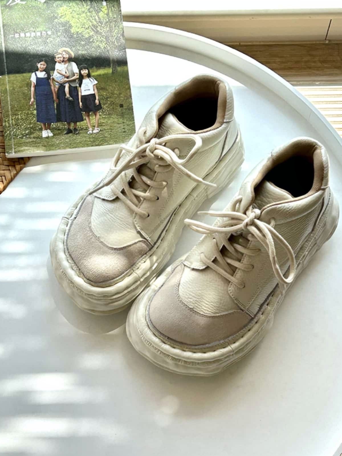 Leather round head lace-up platform big head shoes high top shoes short boots women