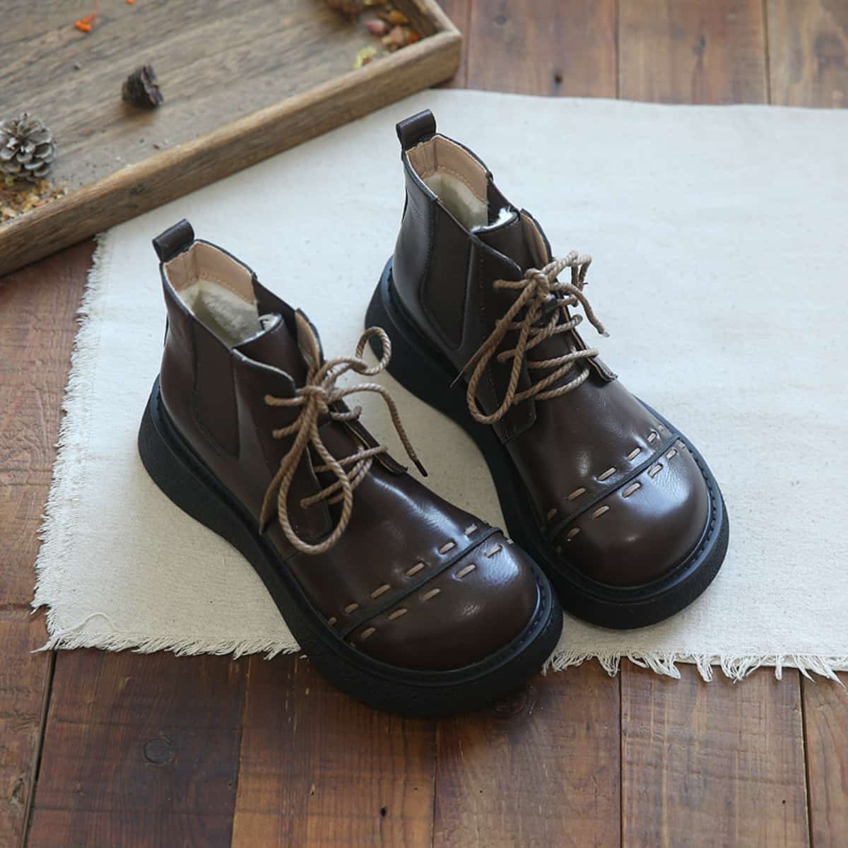 Glossy round head lace-up platform big head shoes black heightening locomotive boots Martin boots women's autumn