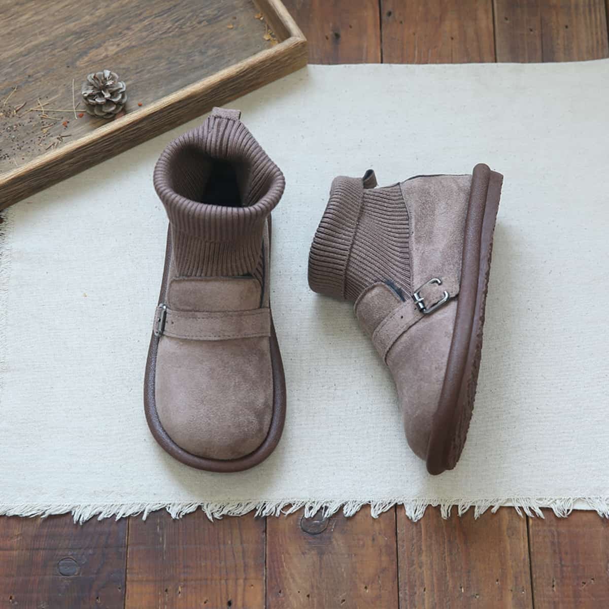 Suede round head flat shoes autumn and winter fleece comfortable low-heeled elastic socks boots short boots