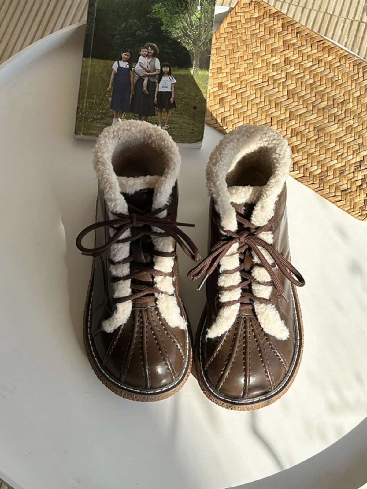 Imitation lamb wool round head thickness big head shoes winter lace-up warm small leather shoes short boots