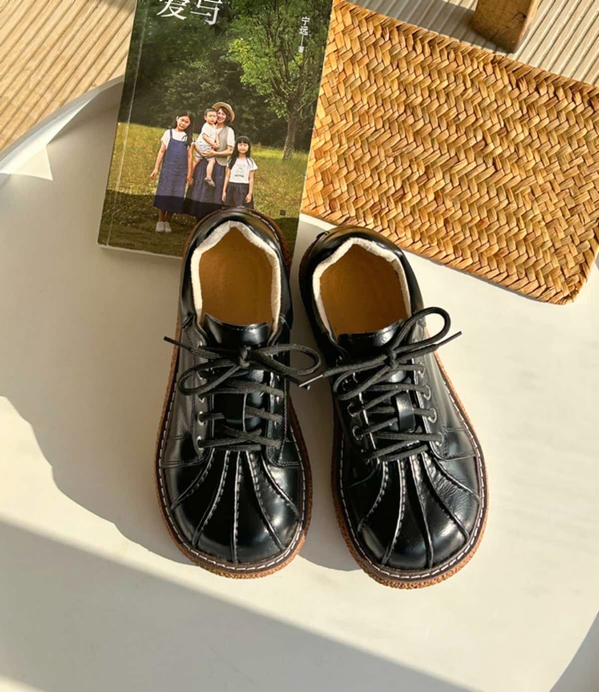 Round head lace-up platform big head shoes fashionable shell head brown small leather shoes