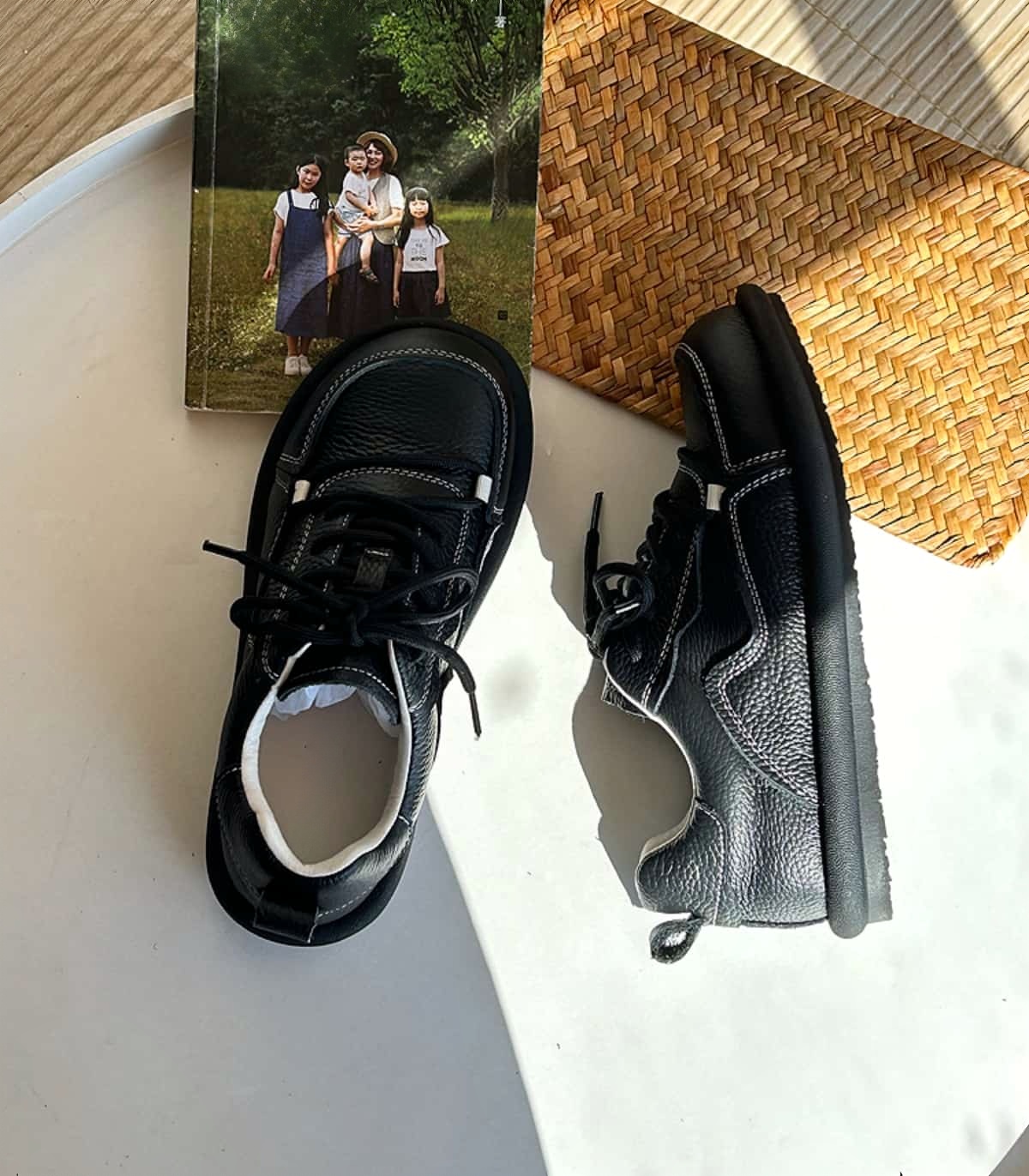 Leather round head lace-up little white shoes spring versatile student flat-soled German training shoes