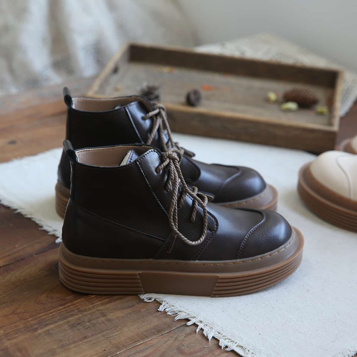 Glossy round head lace-up platform big head shoes new short boots Martin boots women