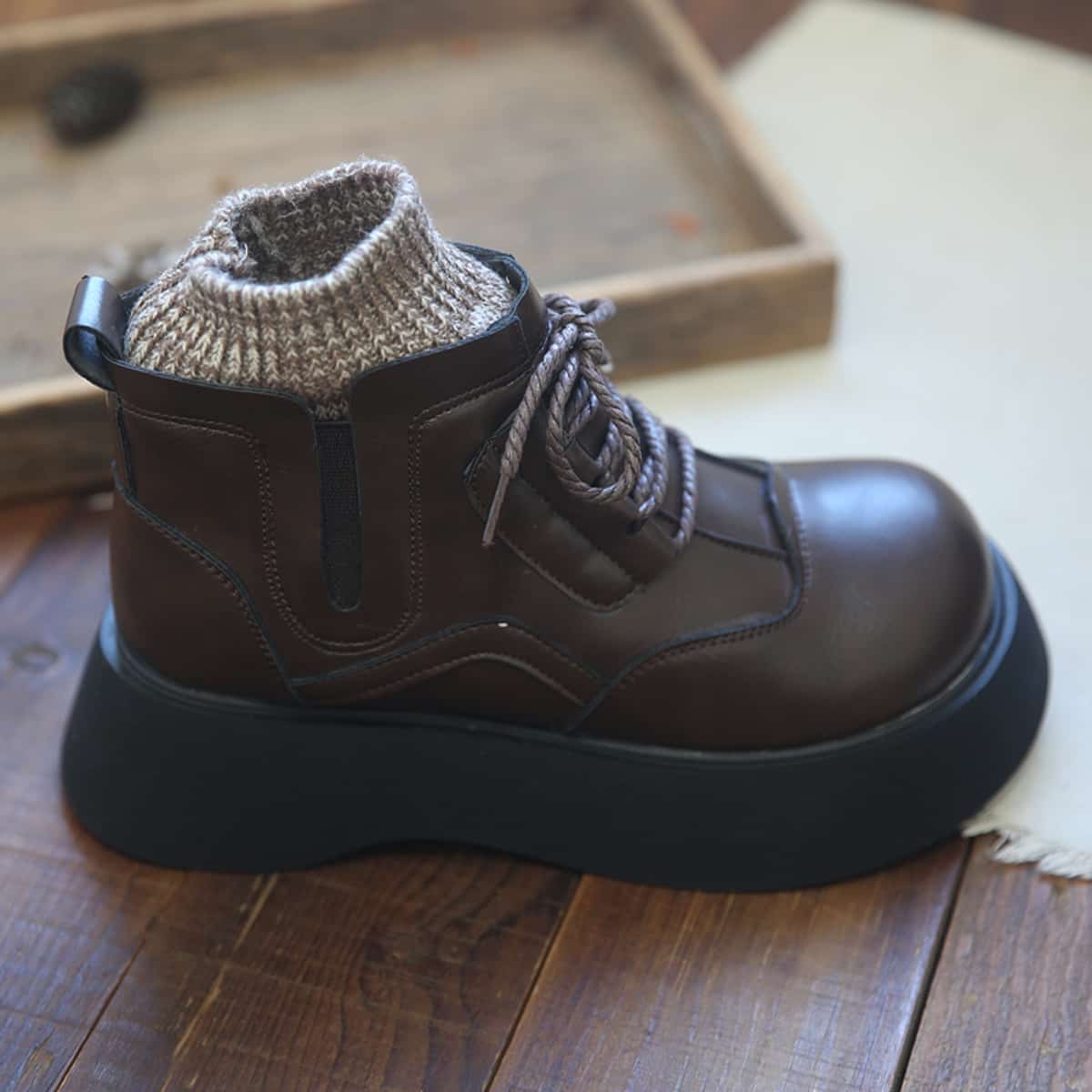 Round head lace-up thick-soled big-head shoes Winter college wind wool mouth fleece short boots