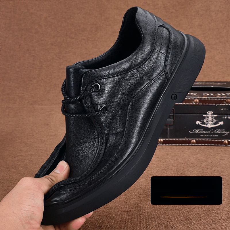 Leather lightweight men's casual leather shoes men's first layer cowhide lace-up thick-soled wide-headed business casual shoes