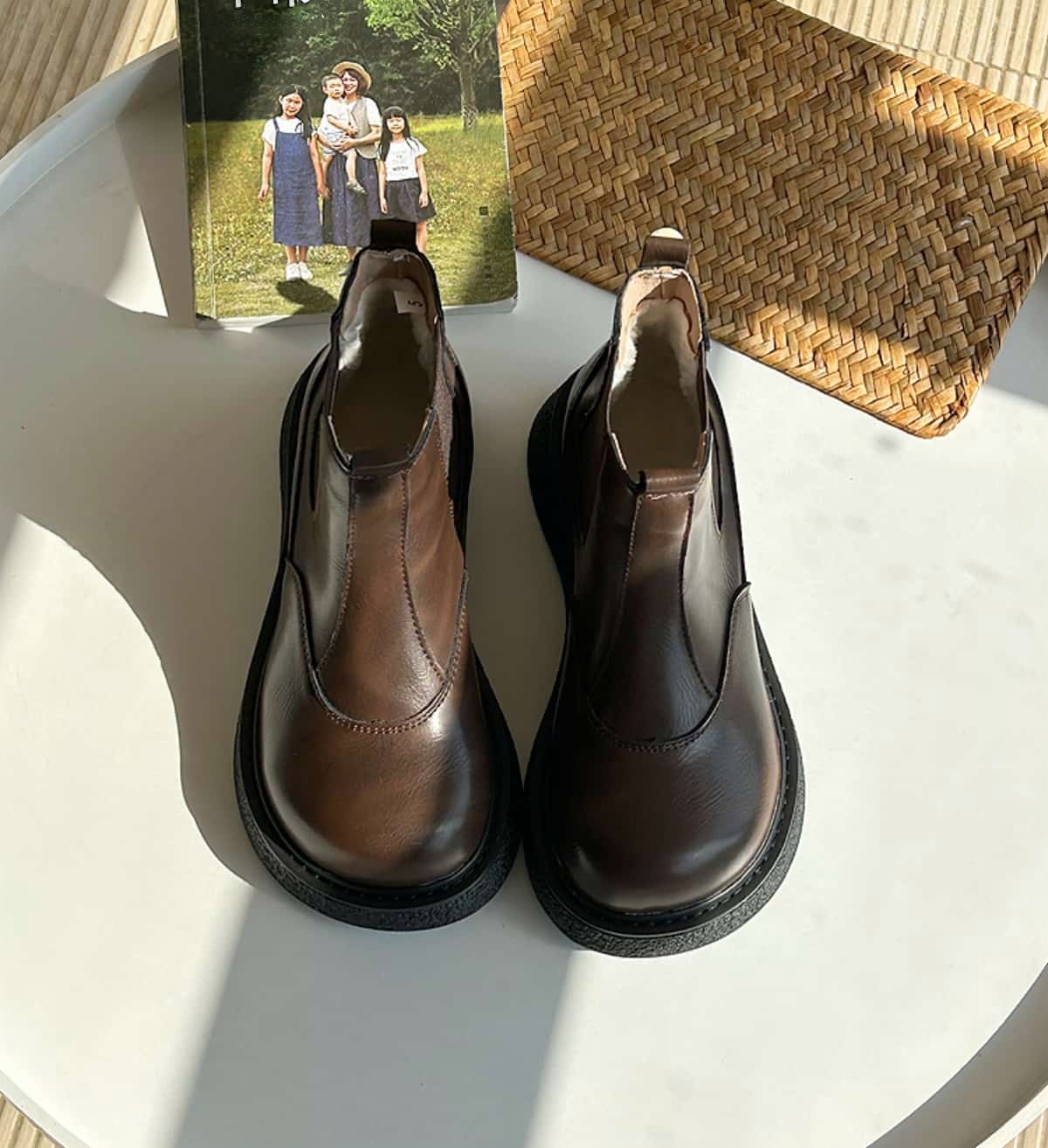 Round head platform big head shoes autumn and winter velvet black medium heel  boots short boots