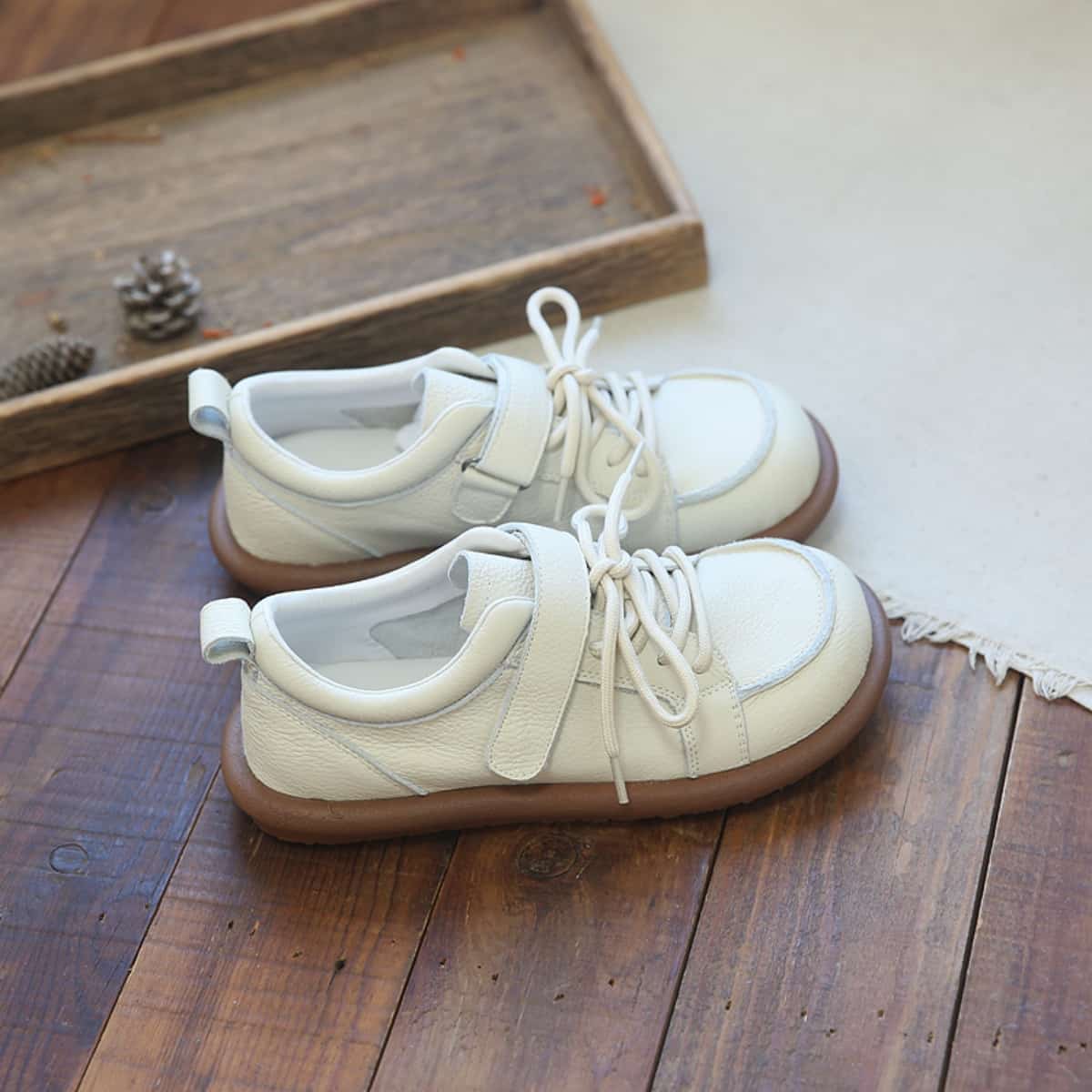 Leather round head lace-up single shoes Velcro low heel soft sole versatile little white shoes