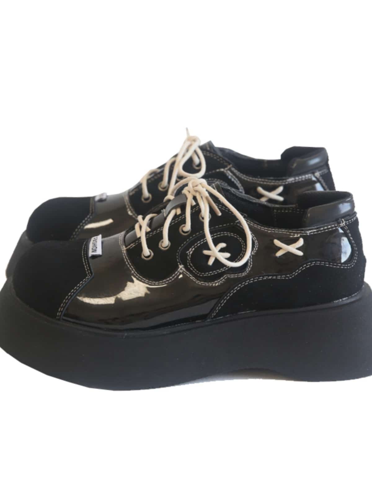 Glossy round head lace-up thick-soled big-head shoes autumn personality trendy cool muffin bottom small leather shoes women