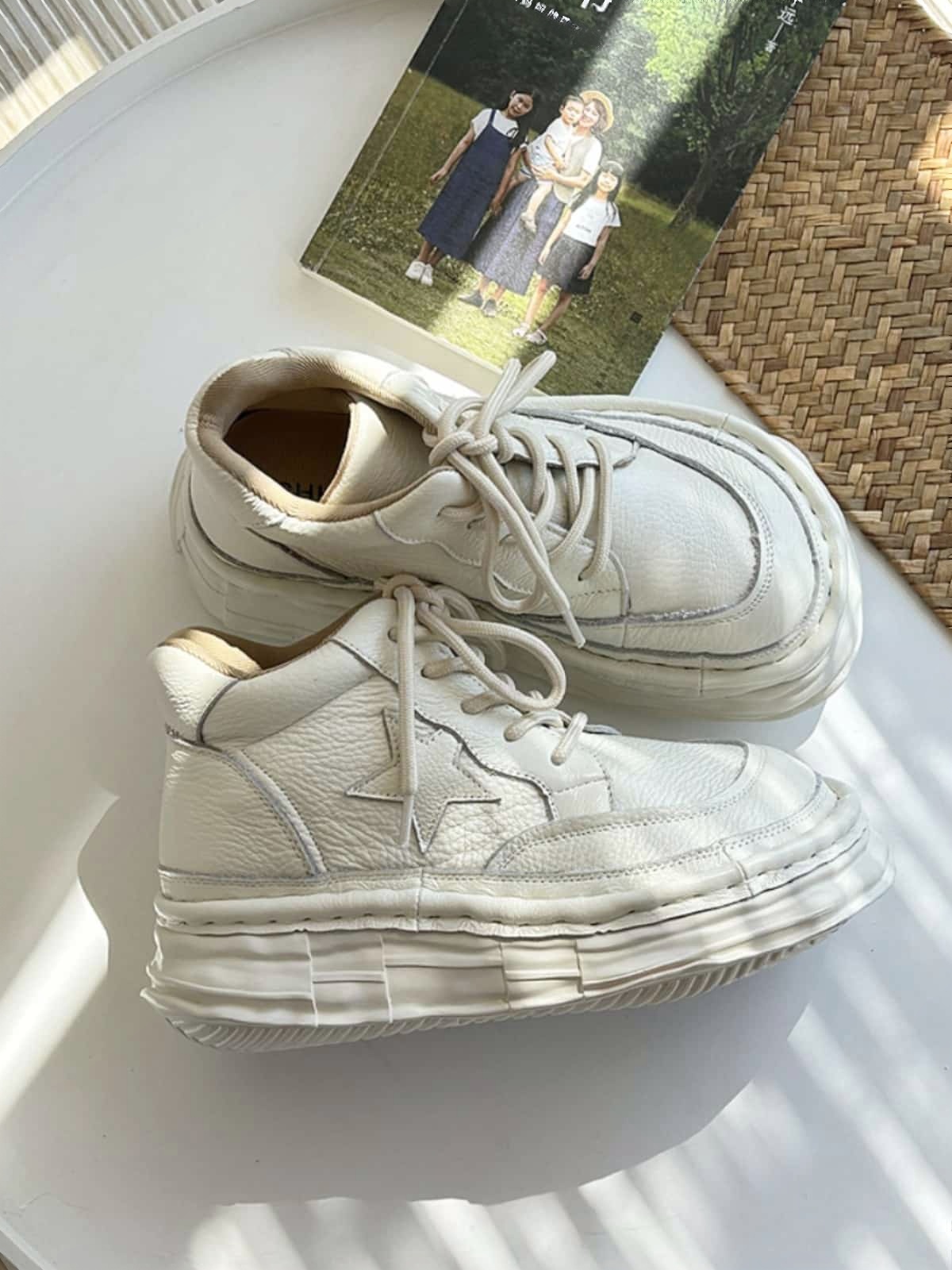 Leather round head lace-up platform big head shoes and short boots