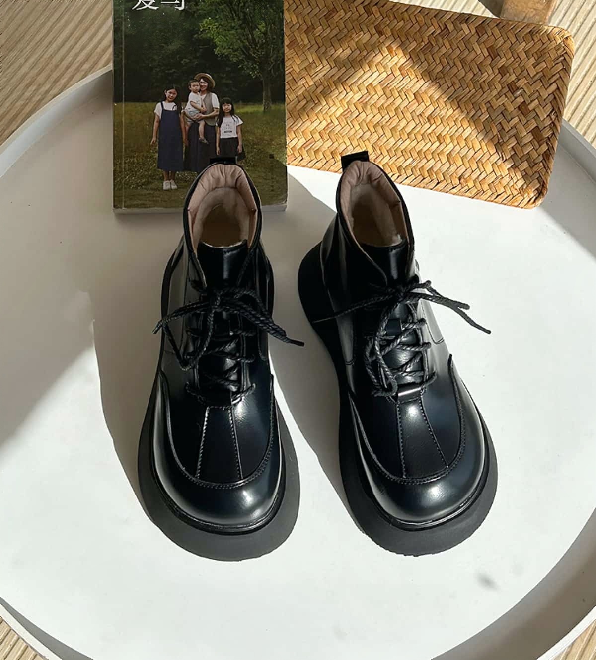 Round head strappy thick-soled Martin boots winter black versatile muffin bottom short boots