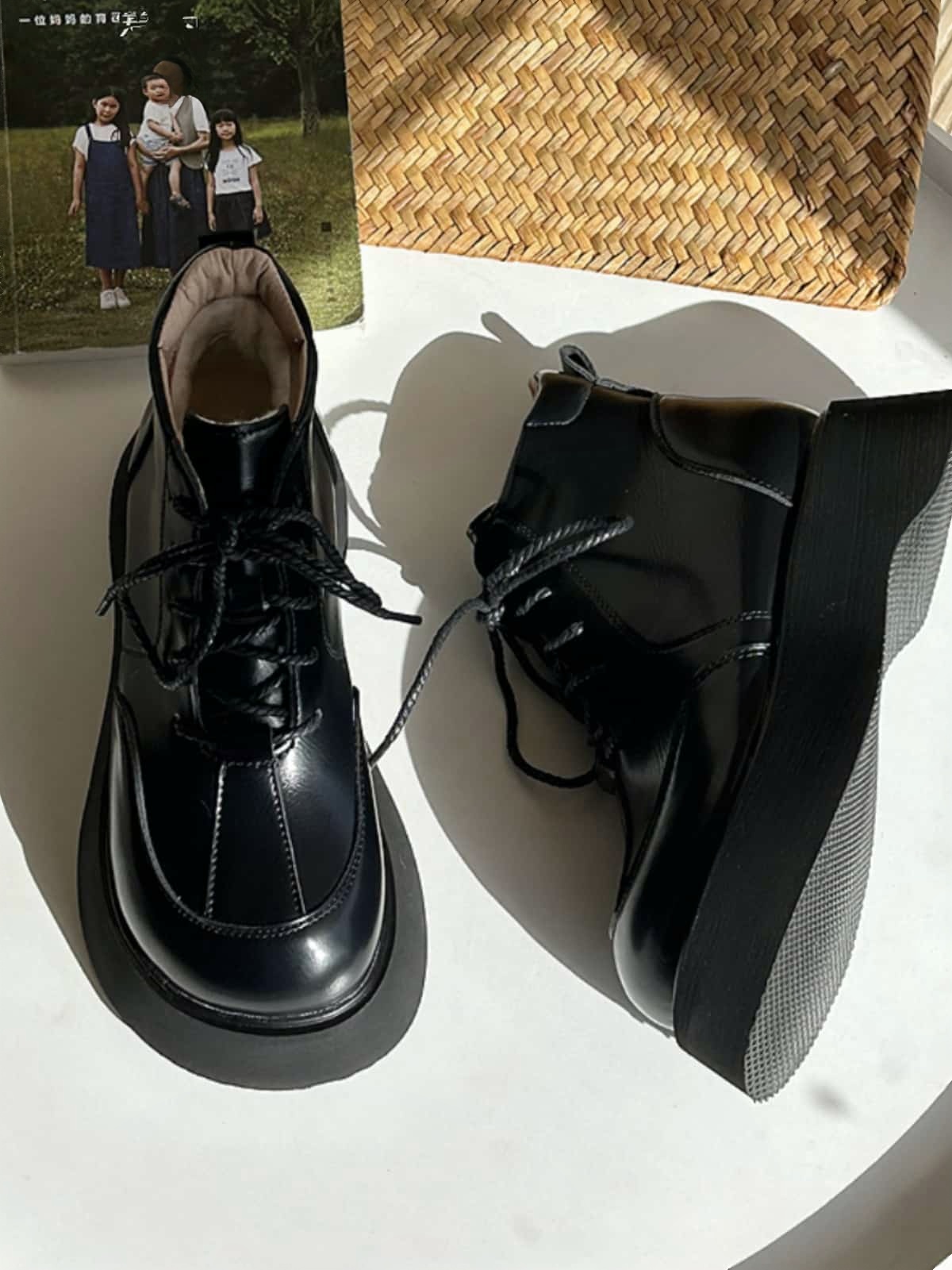 Round head strappy thick-soled Martin boots winter black versatile muffin bottom short boots