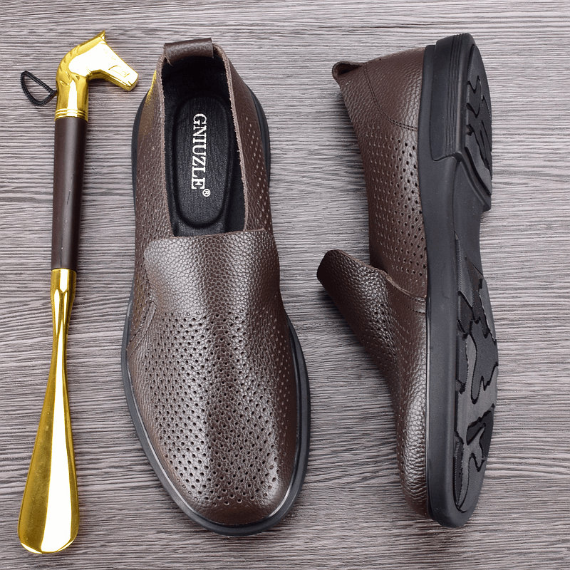 Summer breathable soft cowhide hollow leather shoes men's leather lightweight flat-bottomed hole shoes casual driving shoes
