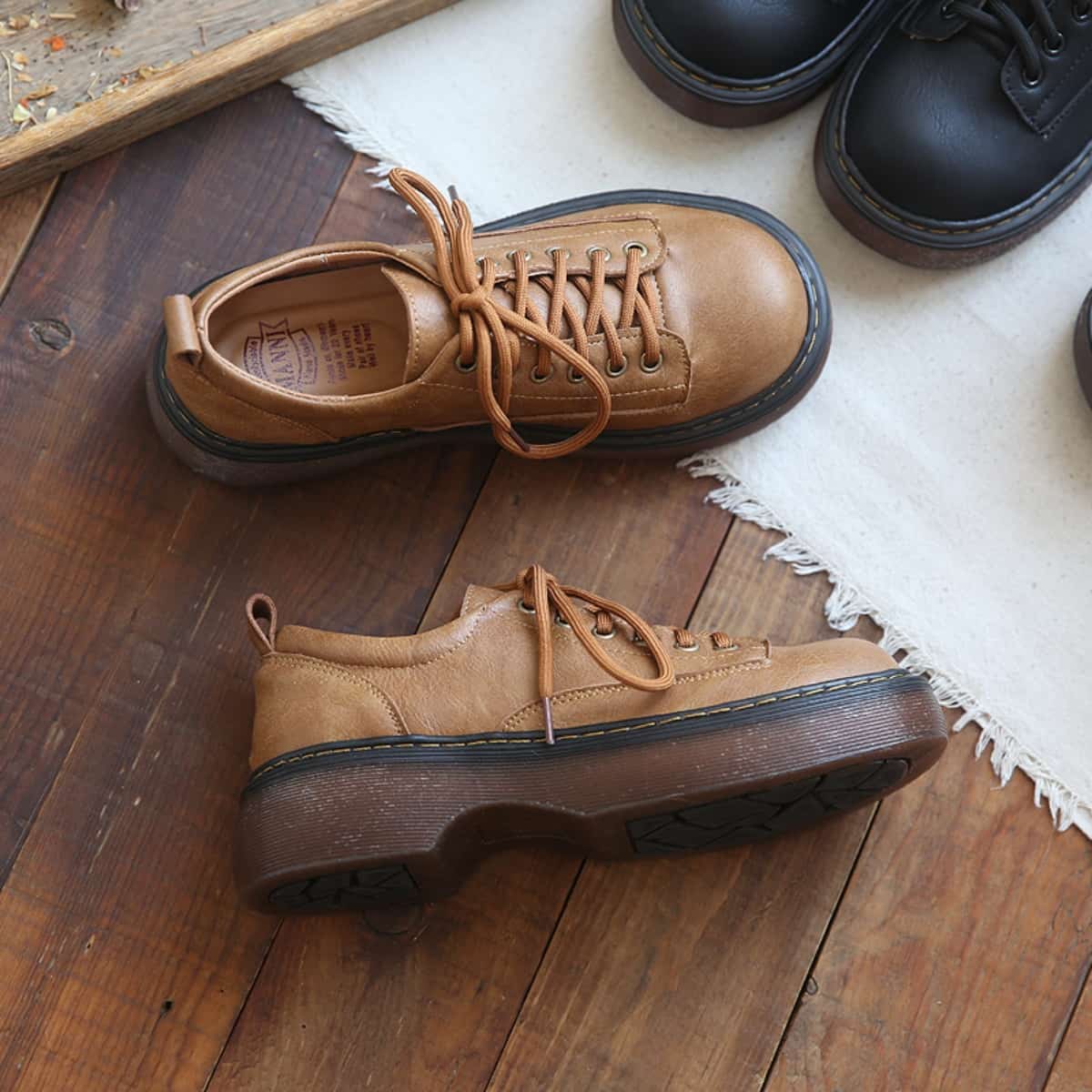 College style round head lace-up platform single shoes spring new classic black low-top small leather shoes women