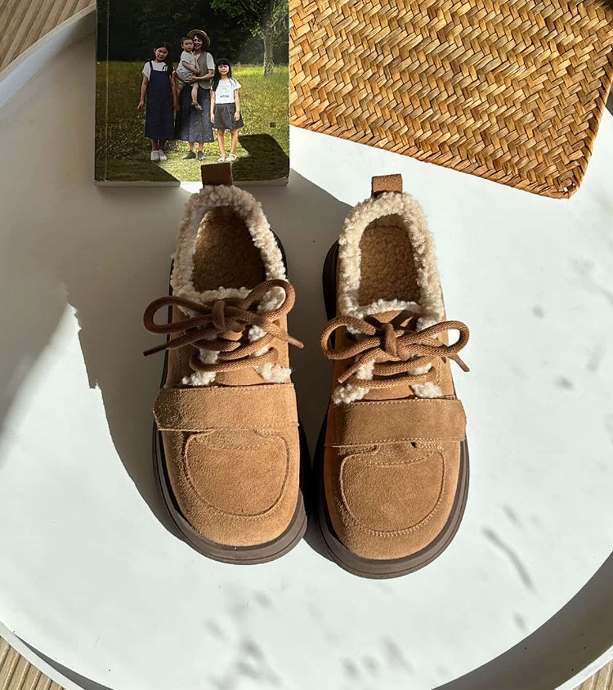 Leather round head thick-soled snow boots winter imitation lamb wool cute thermal shoes