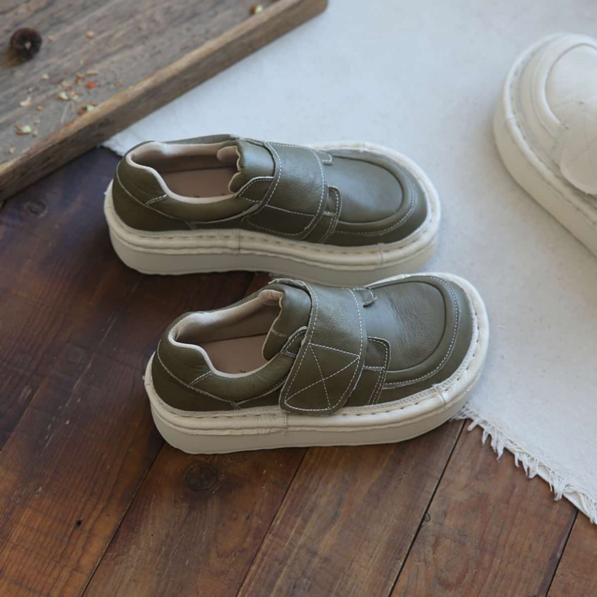 Leather round head platform big head shoes Velcro heightening shoes