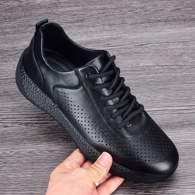 Summer leather breathable hollow first layer cowhide men's sports shoes thick sole lightweight casual running shoes
