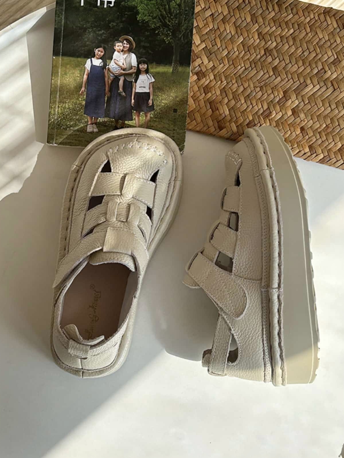 Leather wide head thick sole heightening sandals women's handmade big head shoes summer hollow breathable Roman women's shoes