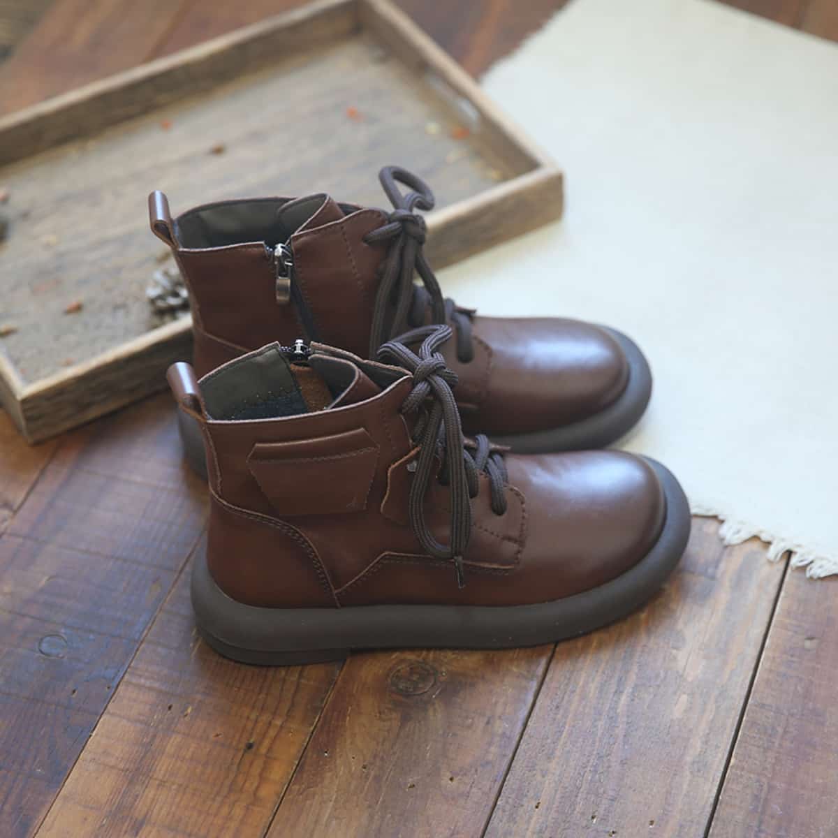 Leather round head lace-up flat Martin boots autumn and winter handsome locomotive boots low-heeled short boots